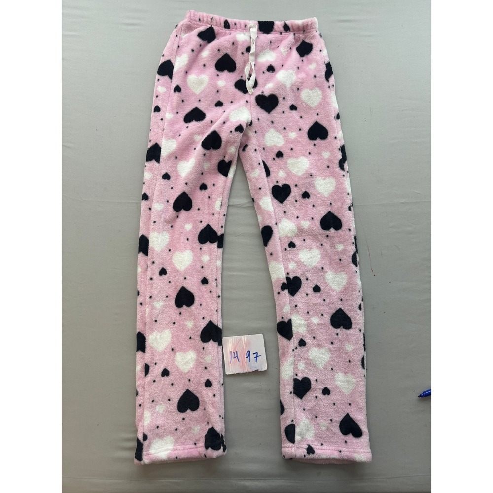 Womens Pink Heart Print Fleece Pajama Pants Elastic Waist Lounge Bottoms XS